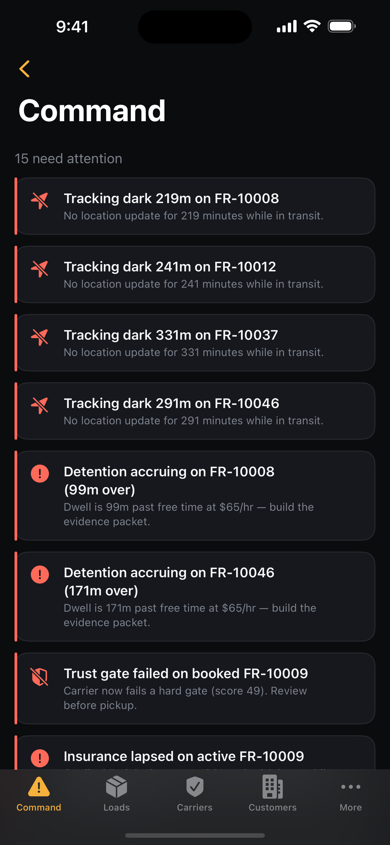 Frayth broker app — exceptions command center