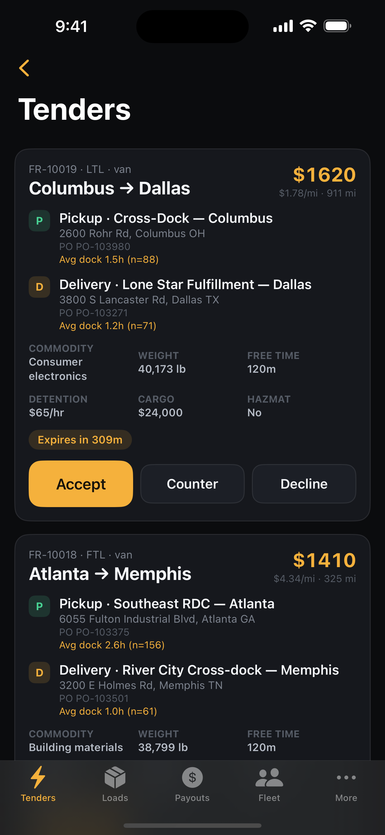 Frayth carrier app — tender inbox with facility dwell
