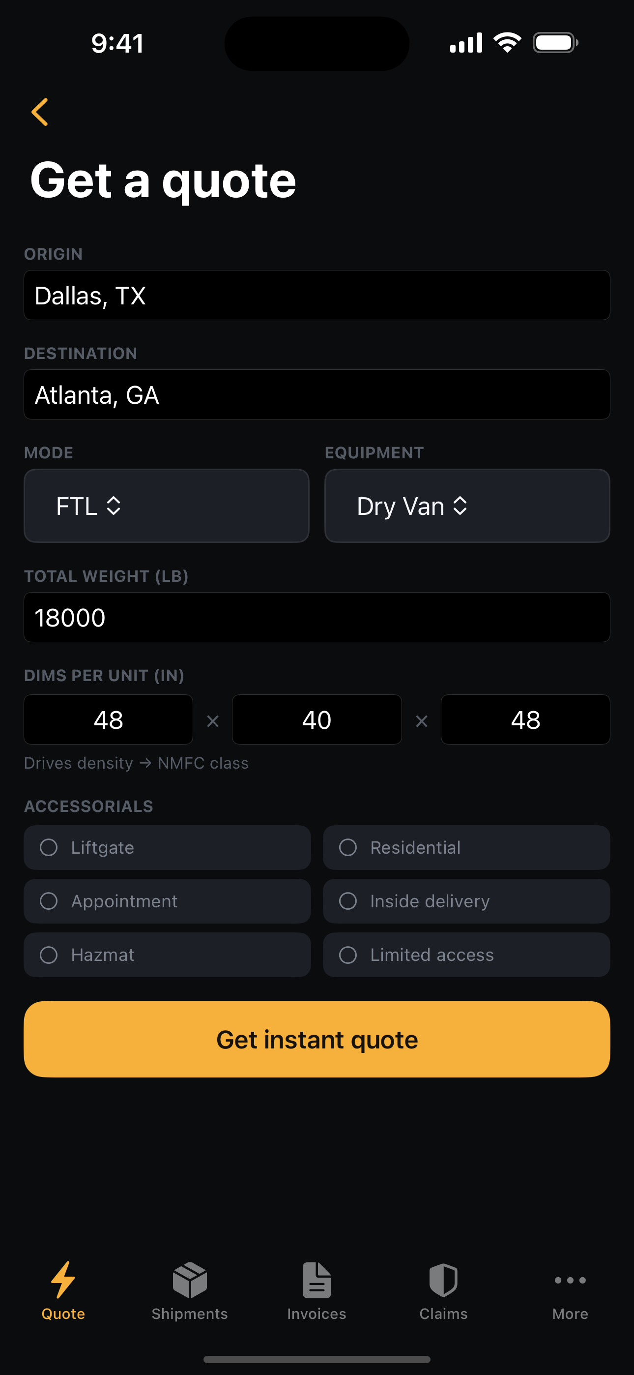 Frayth shipper app — instant quote with accessorials